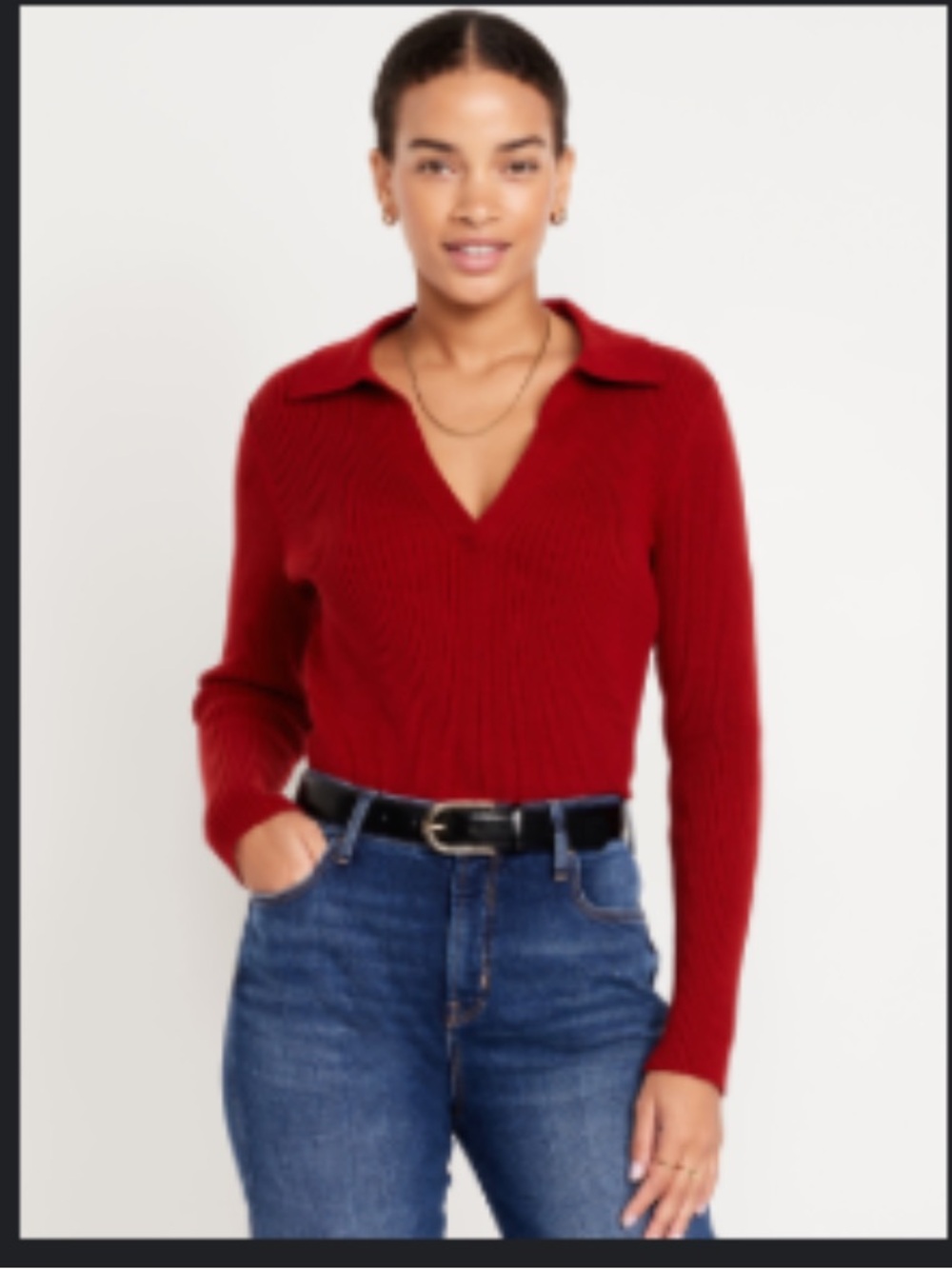 Old Navy Women's Red Ribbed Crop V-Neck Polo Sweater Sz Large